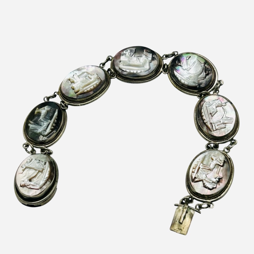 Antique Italian Mother-of-Pearl Carved Cameo Bracelet 800 Silver
